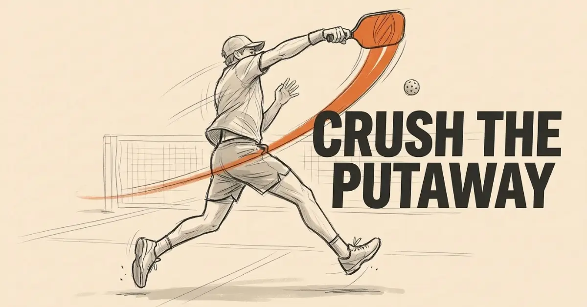 Grafica di un giocatore di pickleball pronto per uno smash potente, con un arco arancione che attraversa l'immagine. Testo: Schiaccia il colpo.