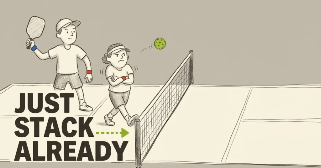 Illustrated graphic of two pickleball doubles partners near the net, one holding a paddle and one looking frustrated with arms crossed, with a green arrow pointing toward the net post. Text reads Just Stack Already.