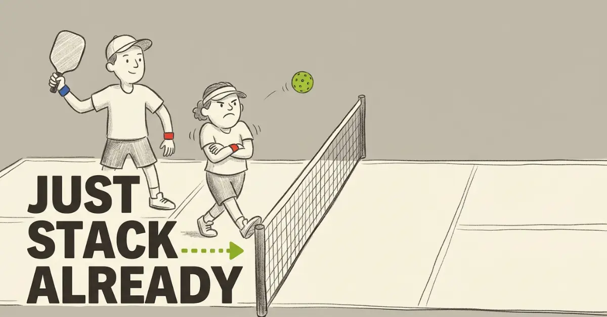 Illustrated graphic of two pickleball doubles partners near the net, one holding a paddle and one looking frustrated with arms crossed, with a green arrow pointing toward the net post. Text reads Just Stack Already.