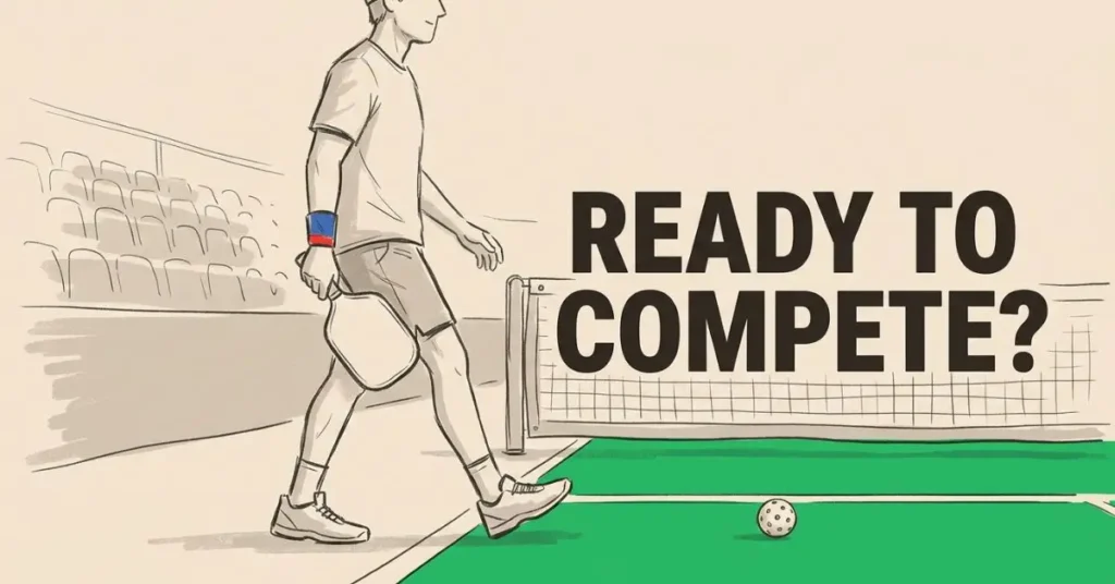 pickleball player on a court with text ready to compete